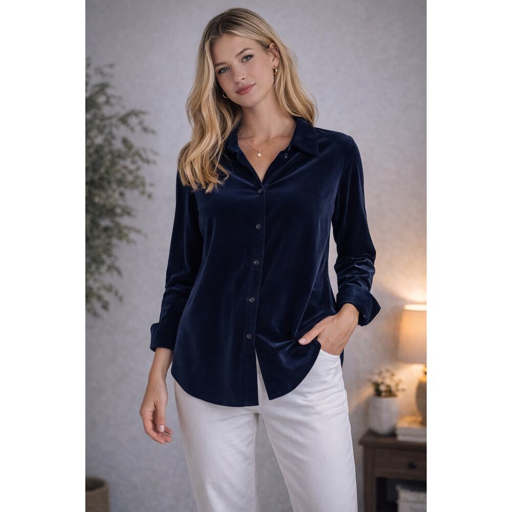 Susan Graver Velvet Longsleeve Button Down Dress Shirt Navy Blue Womens Large